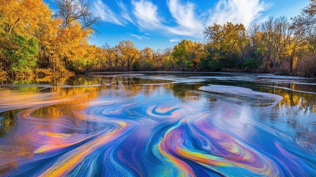 Vibrant toxic algae bloom creating swirling colors on a lake surface with tree-lined shores and bright sky