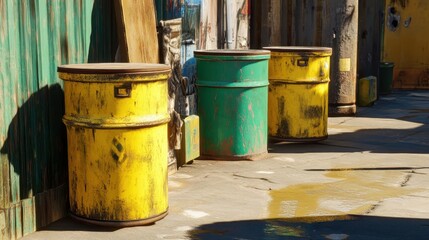 Obraz premium Yellow and Green Hazardous Waste Barrels Stacked at an Industrial Site Under Soft Light