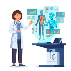 Obraz premium Female Physician Collaborating with Artificial Intelligence Robot for Advanced Human Anatomy Digital Medical Analysis