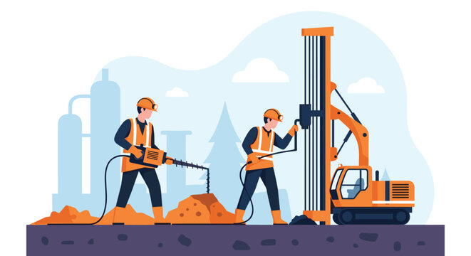 Dedicated construction workers operate heavy machinery and power tools to perform ground drilling and excavation on a city building site.