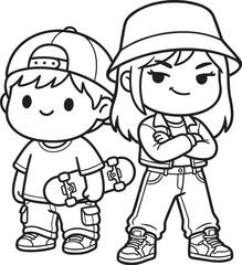 Fototapeta premium Coloring page set of stylish kids in streetwear fashion. Black and white line art vector of fashionable boy and girl.