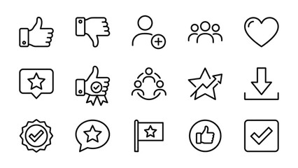 Fototapeta premium Black line icons for social media rating and feedback.