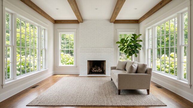 Bright Luxury Living Room Interior with Symmetrical Lattice Windows, Ceiling Beams and Fireplace
