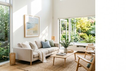 Fototapeta premium Bright Luxury Living Room Interior with High Ceiling, Beach Wall Art and Garden View 