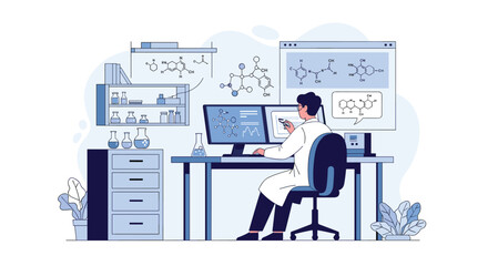 Naklejka premium Professional scientist conducts complex research and data analysis in a modern laboratory filled with chemical formulas and equipment.