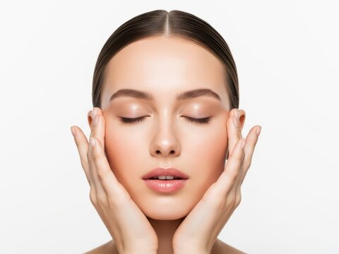 Woman with closed eyes gently touching her face