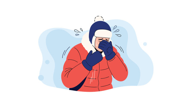 Man dressed in a warm red winter jacket and blue hat shivers and rubs his face to cope with freezing outdoor temperatures.