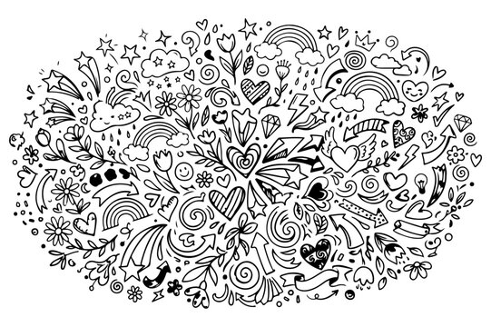Black and white doodle art, zentangle patterns, whimsical illustrations, heart and star shapes