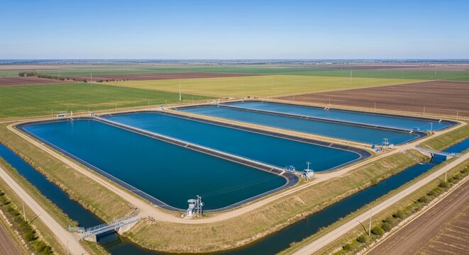 Expansive industrial irrigation reservoirs with vibrant blue water under a clear sunny sky surrounded by agricultural fields