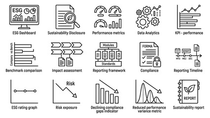 Obraz premium Collection of business performance and sustainability report icons.
