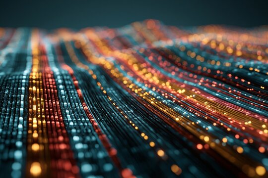Luminous data streams flow in synchronized, glowing, multicolored digital wave pattern