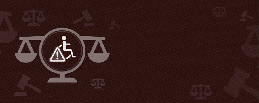 Graphic showing a wheelchair symbol inside a scale of justice with a warning sign, providing ample copy space for text. It represents legal rights and disability laws efficiently.