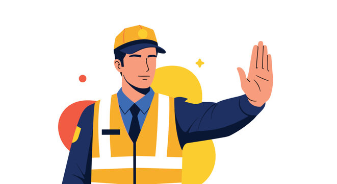 Security guard or traffic warden wearing a yellow safety vest and cap holding his hand out in a stop signal.