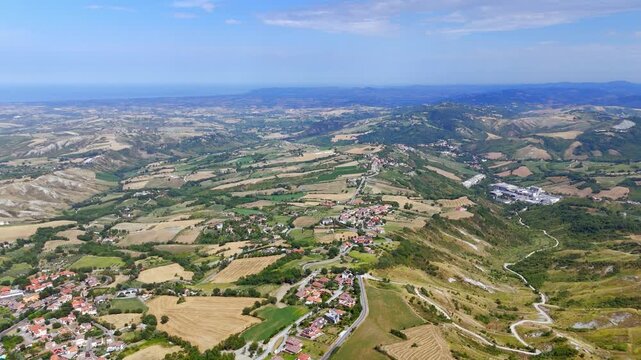 Aerial drone view of Apennine mountain landscape near San Marino