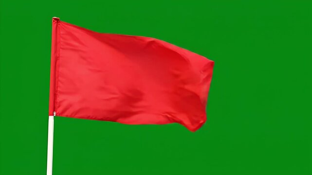 Red Corner Flag Waving in Wind on Green Screen - A vibrant red corner flag is shown waving dynamically in the wind against a solid green screen background.