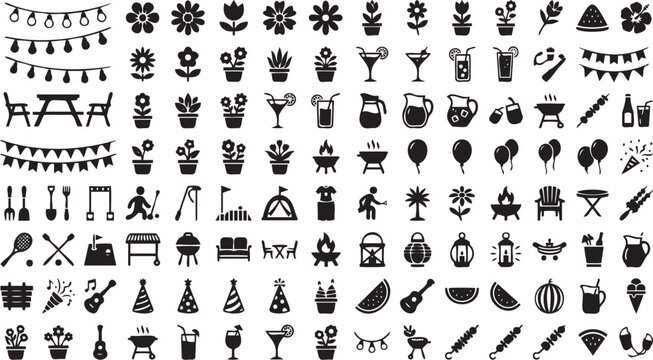 Black vector graphic illustration collection featuring summer party icons including flowers drinks barbecue equipment festive decorations and musical instruments set