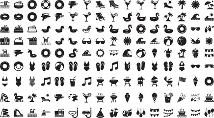 Fototapeta premium Comprehensive collection of black summer themed vector icons featuring beach objects leisure activities tropical vacation symbols and holiday party elements