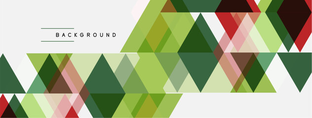 Obraz premium Geometric triangles form abstract background. Colors include green, red, beige, gray. Modern design with clean lines, simple shapes.