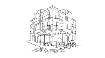 Naklejka premium One Line Drawing of European Cafe Corner with Bicycles and Umbrellas