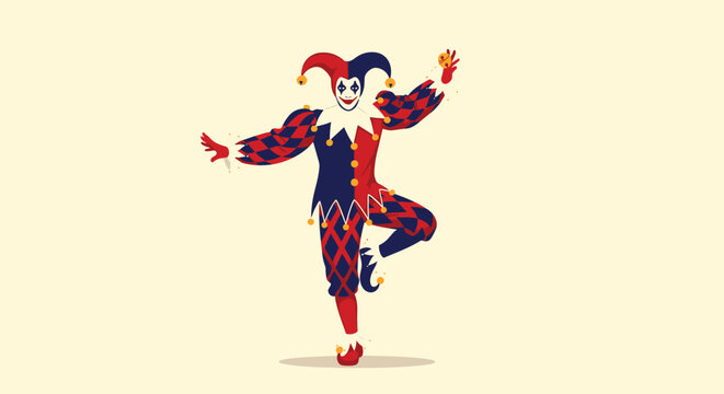 Traditional jester or harlequin character in a red and blue patterned costume dancing gracefully on one leg.
