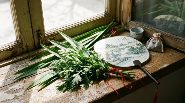 Dragon Boat Festival herbs and decorations on windowsill