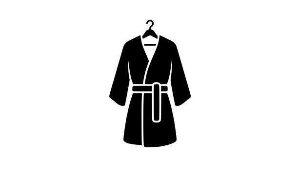 Minimalist black bathrobe hanging on clothes hanger vector icon representing morning spa relaxation hotel laundry service isolated on white background