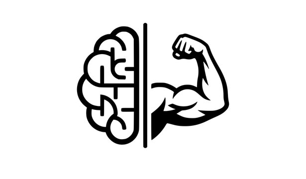 Mind muscle connection abstract concept icon with human brain half and flexing bicep arm line art isolated on white background
