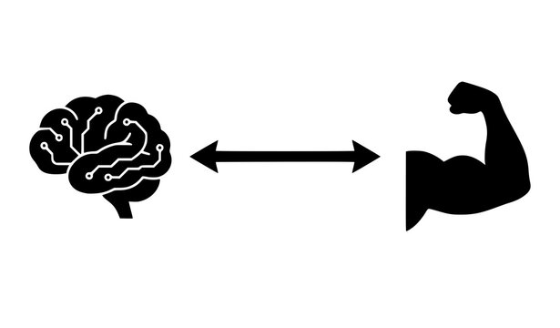 Mind muscle connection concept vector icon showing human brain silhouette linked with double arrow to flexing strong arm on white background