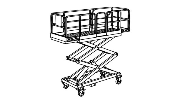 Perspective industrial scissor lift line art vector illustration showing elevated safety platform hydraulic cross mechanism isolated on clean white background