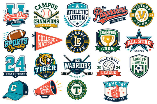 A collection of vintage-style sports logos, emblems, and badges featuring various athletic themes, team names, and mascots.