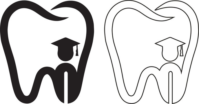 Black silhouette and outline vector illustration of a tooth icon with a graduated student for dental school education and dentistry learning concepts