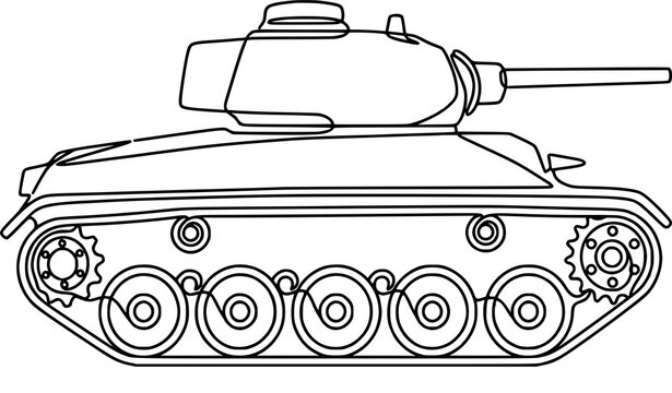 Military tank side view line art vector illustration showing armored combat vehicle tracks turret and barrel isolated on white background