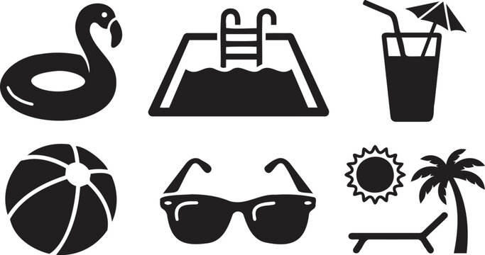 Minimalist vector graphic set depicting various summer vacation icons including a swimming pool flamingo float sunglasses and tropical beach items