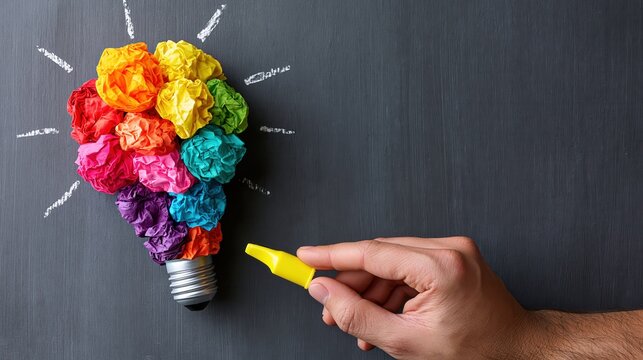 Creative concept featuring a hand drawing a colorful crumpled paper lightbulb on a dark chalkboard, symbolizing a.
