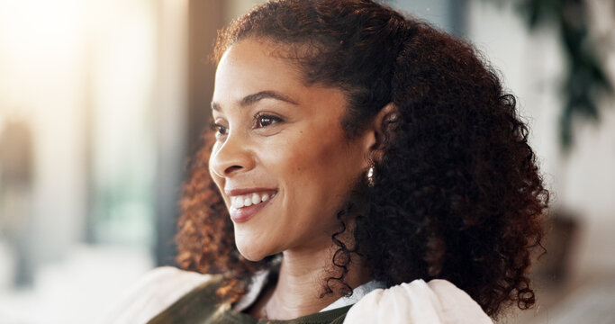 Thinking, woman and relax in home with smile, start day and daydreaming with happy memory. Thoughts, African female person or unwind at house with vision, reflection and inspiration for weekend break