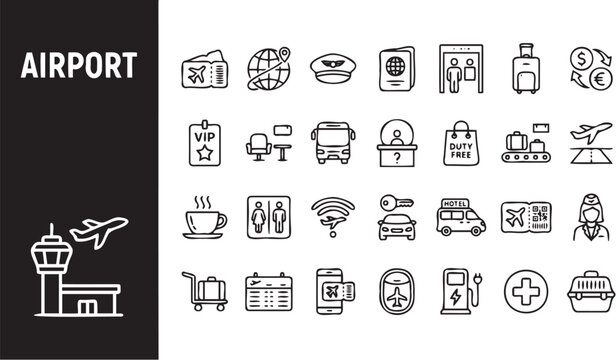 Minimalist vector illustration set featuring various airport symbols and travel icons designed with clean black lines on white background surface