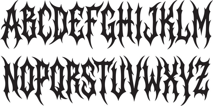 Decorative black metal alphabet vector illustration featuring sharp jagged edges for heavy music band logos and gothic style graphic designs