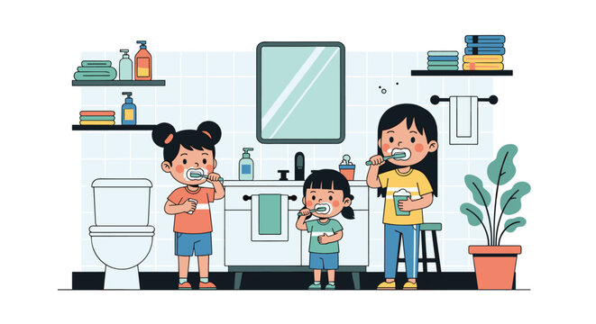 Happy young children practicing good oral hygiene by brushing their teeth together in a brightly lit modern bathroom.