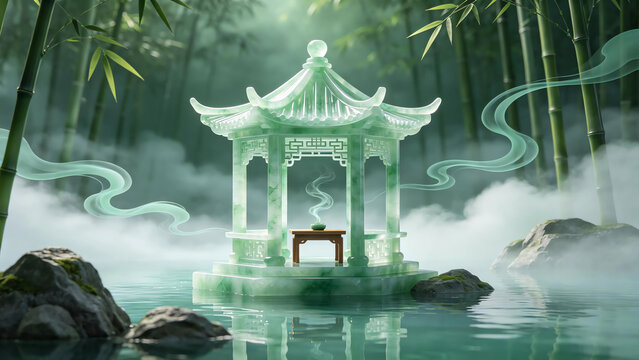 Guochao style 3D illustration of a jade pavilion in a bamboo forest