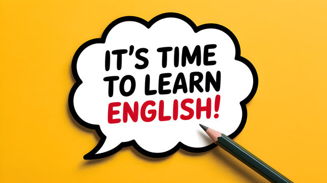 A colorful illustration encouraging language learning with a speech bubble and pencil