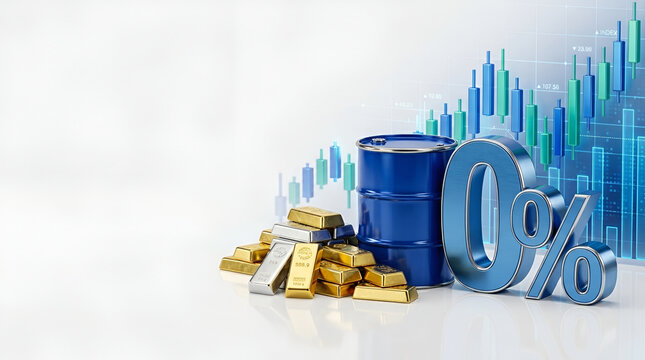 Commodities concept featuring gold and silver bars next to a blue oil barrel and a large zero percent sign with a digital candlestick trading chart in the background.