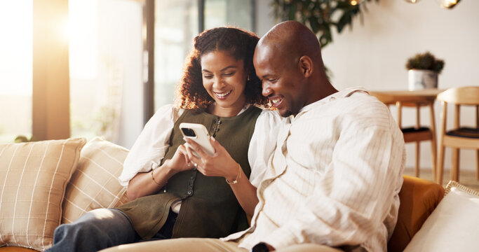 Couple, relax and laugh in living room with phone, online entertainment and joke for bonding together. Married, African people and browsing in home with tech, humor or social media for internet meme.