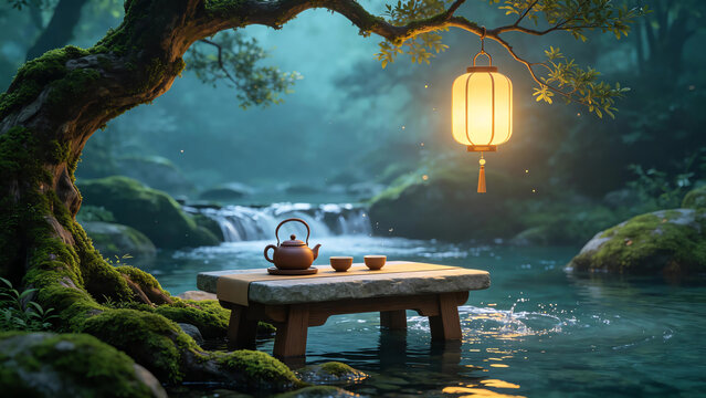 Guochao style illustration of a purple clay teapot tea set on a stone table in the forest