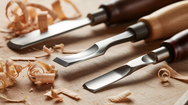 A set of woodworking chisels with shavings on a wooden workbench in a workshop