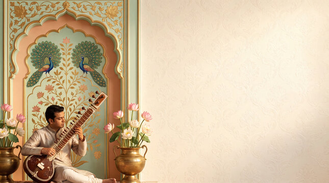 Pichwai style sitar player banner with Mughal arch and copy space for Indian music festival poster design use