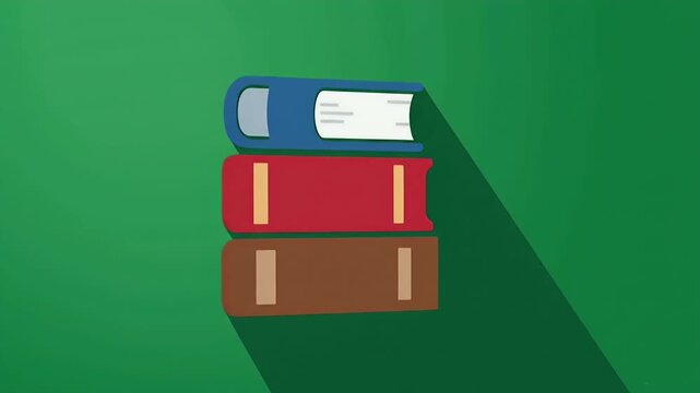 Stacked Books Icon with Long Shadow on Green Background - A flat design illustration features a stack of three books with a long shadow cast on a vibrant green background.