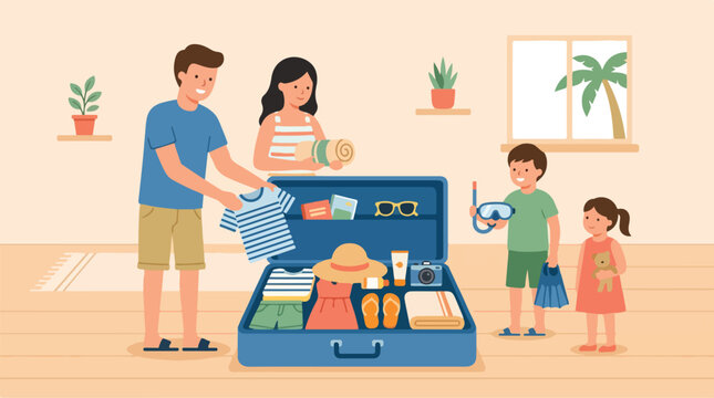 Family packing summer travel essentials into a suitcase at home