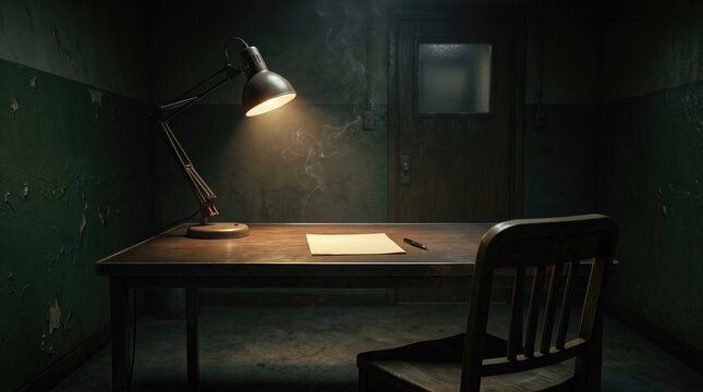 Gritty, dimly lit interrogation room with a single desk lamp illuminating an empty chair, creating a tense, mysterious atmosphere.