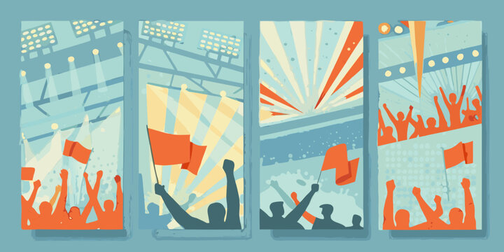 Crowd Silhouette Illustration With Flags And Radial Light Burst