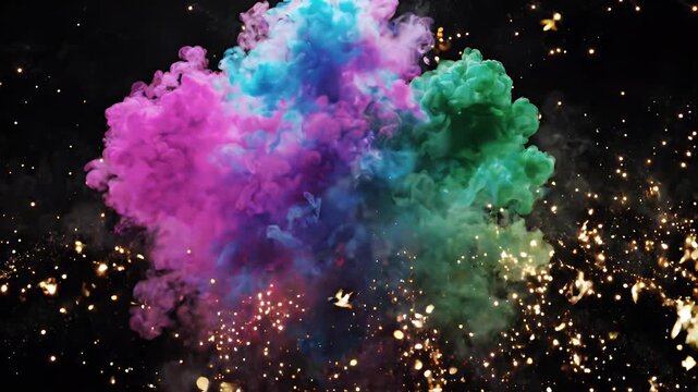 Vivid Colorful Smoke Explosion with Sparkles - A dynamic explosion of vibrant pink, blue, and green smoke bursts against a dark background, illuminated by a shower of golden sparkles and light